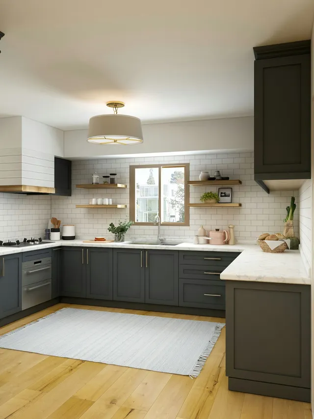 Open kitchen with dark cabinetry and warm wood flooring