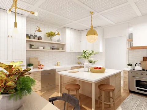 Modern farmhouse kitchen with shiplap ceiling and open shelving